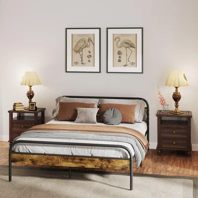 The Range 5FT Industrial Metal and Wood Bed Frame with Headboard - Black and Brown
