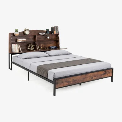 The Range Iron wood bed with Storage Headboard - Rustic Brown