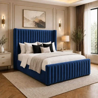 The Range Bellora Upholstered Bed With Tall Headboard & Footboard - Blue / Single