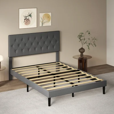 The Range Bed Frame Upholstered Soft Linen Cross Fabric with Headboard - Black / Double