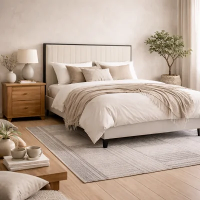 The Range Killarney 4ft6 Velvet Double Bed with Tall Ribbed Headboard - Cream