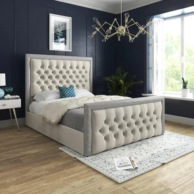 The Range Rincon Glitter Border Upholstered Velvet Bed Frame - Cream / Small Double