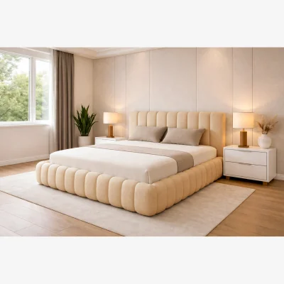 The Range Modern Upholstered Platform Bed Frame Luxury Soft Teddy Fabric - LIGHT BROWN / Superking