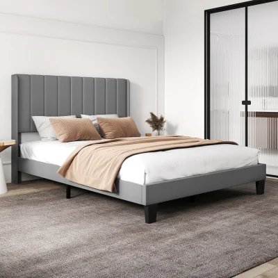 The Range King Bed Frame Metal and Wood Plush Upholstered Mattress Base - Grey