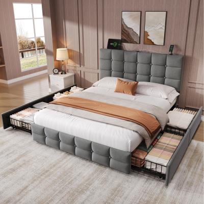 The Range Double Velvet Upholstered Bed with 4 Storage Drawers - Grey