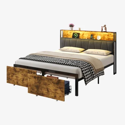 The Range NECHE 4ft6 Double Bed Frame with 2 Storage Drawers - Black + Dark Walnut