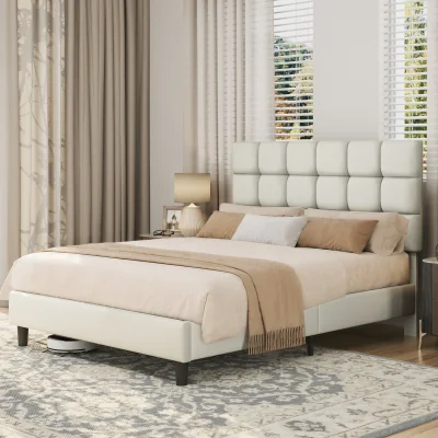 The Range Yaheetech PU Leather Upholstered Platform Bed with Square Tufted Headboard - Cream / King