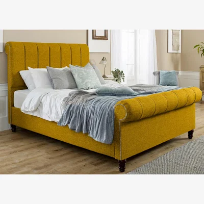 The Range Sally Linen 4 Inch Solid Thick Bed Frame With Lined Headboard - Mustard Gold / Single
