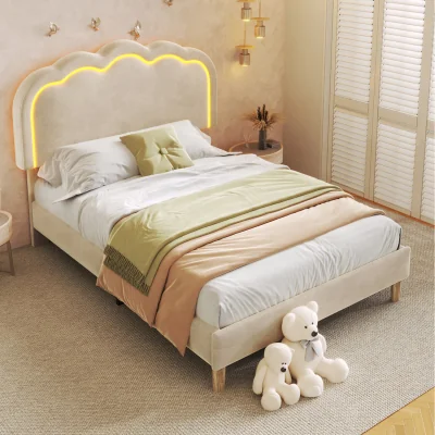 The Range Wooden Slatted Bed Frame with Height Adjustable Headboard - Beige