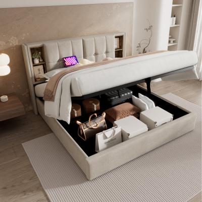 The Range Upholstered Bed with Wireless Charging and Hydraulic Lever - Natural / 206cm / 185cm