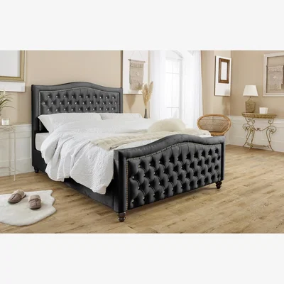 The Range Saturn Plush 4 Inch Solid Thick Bed Frame With Chesterfield Headboard - Black / Double