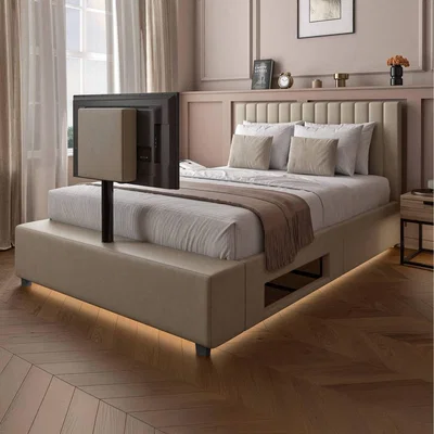 The Range X Rocker Maisie Upholstered TV Bed with LED Lighting - Natural Stone / Double