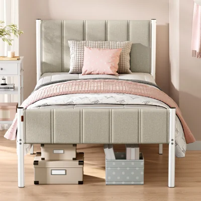 The Range VASAGLE Single Bed Frame, Metal, with Upholstered Headboard - Cappuccino Beige