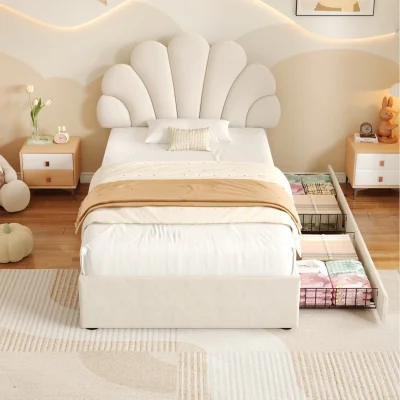 The Range Petal Upholstered Bed with Adjustable Headboard - Beige