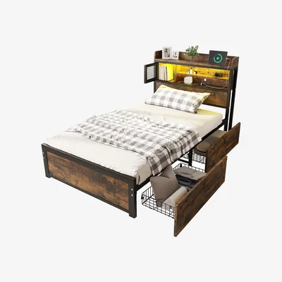 The Range 2 Drawer Metal Bed with LED Light Strip - Brown / Single