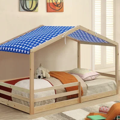 The Range 3ft Wooden House Style Bed with Tent Option - Natural / Blue tent