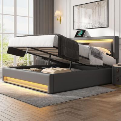 The Range LED Upholstered Bed with USB Port and Storage Space - Grey / King