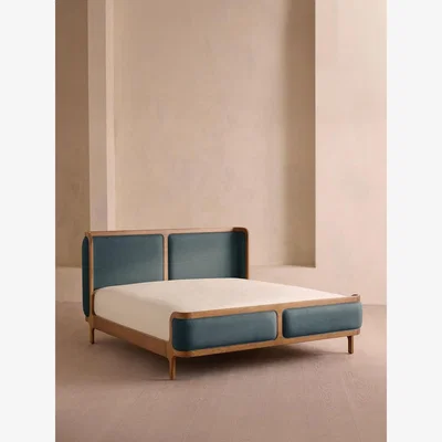 Soho Home Belsa Bed, Light Oak, King, Linen, Prussian Blue