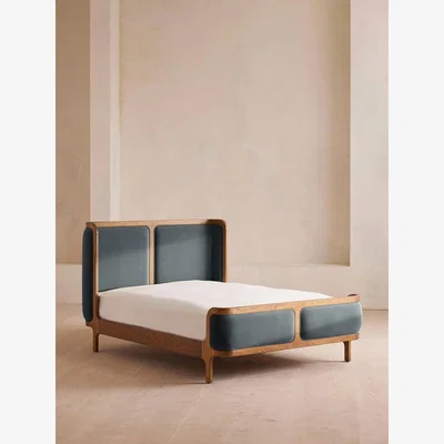 Soho Home Belsa Bed, Light Oak, Superking, Velvet, Grey Blue