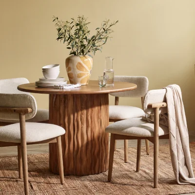 Atkin & Thyme Flora Wooden Round Dining Table With Curved Edge Pillar Base