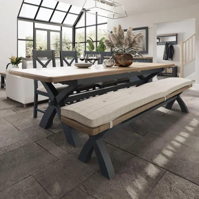 Chiltern Oak Furniture Wessex Smoked Oak Blue Painted 2.5m Cross Leg Extending Dining Table