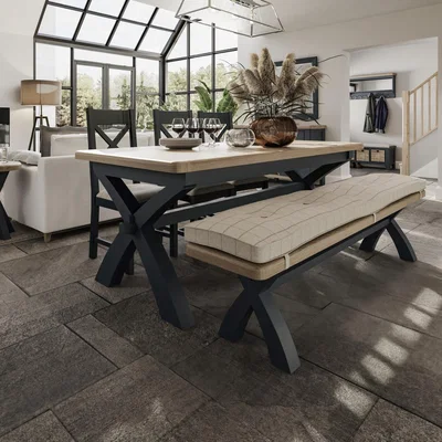Chiltern Oak Furniture Wessex Smoked Oak Blue Painted 2.0m Cross Leg Fixed Top Dining Table