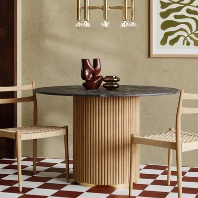 Cult Furniture Caleb 4 Seat Round Dining Table, Sintered Stone & Oak