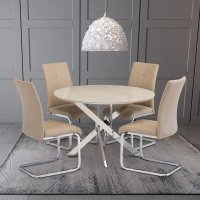 Dunelm Capri 4 Seater Round Glass Top Dining Table, Marble Effect Beige