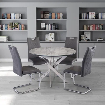 Dunelm Alden 4 Seater Round Glass Top Dining Table, Marble Effect White/Grey
