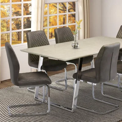 Dunelm Capri 6 Seater Rectangular Glass Top Dining Table, Marble Effect Beige