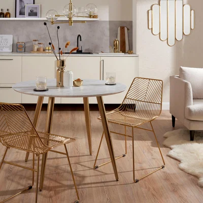 Dunelm Kendall 4 Seater Round Dining Table, White Faux Marble White/Gold