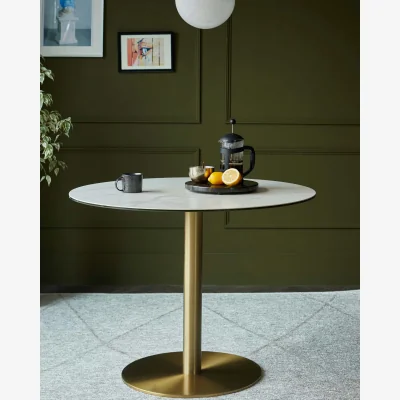 Danetti Romeo White Marbled Ceramic and Brass Pedestal 4 Seater Table