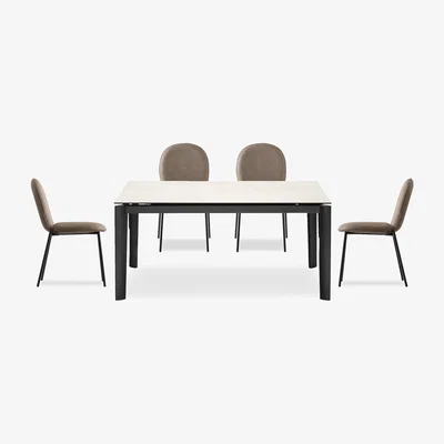 Furniture Village Connubia - Rosa 160cm Medium Extending Dining Table with Salt White Ceramic Top and Black Metal Legs and 4 Riley Chairs - Desert