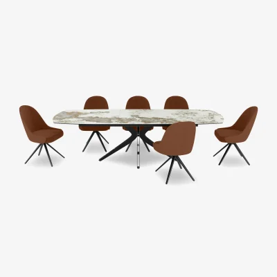 Furniture Village Jose Large Calcatta Marble Pop-up Extending Dining Table with 6 Swivel Chairs
