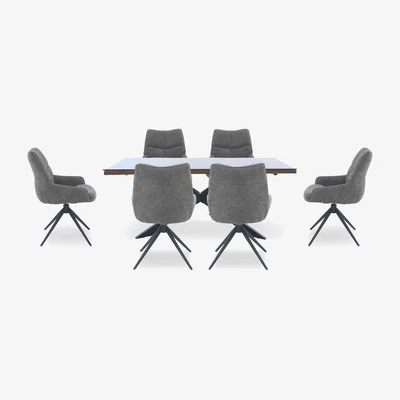 Furniture Village Kiara Small Rectangular Dining Table with Black Legs and 6 Swivel Fabric Chairs