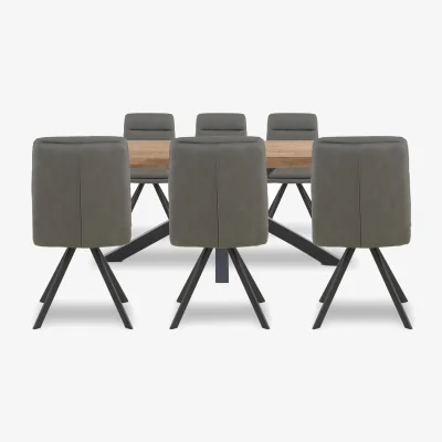 Furniture Village Bodahl - Njord Raw Edge Dining Table with Metal Star Base and 6 Grey Faux Leather Swivel Chairs - 220-cm