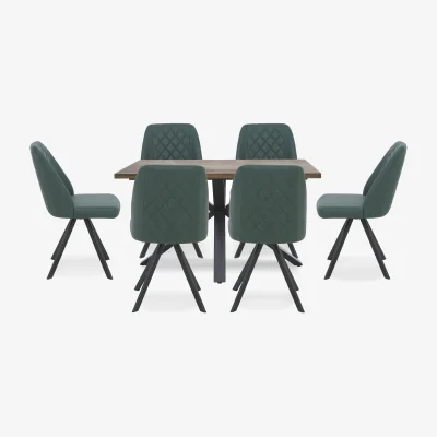 Furniture Village Jupiter Compact Dining Table with Star Base and 6 Swivel Chairs - Green