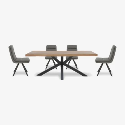 Furniture Village Bodahl - Njord 160cm Compact Raw Edge Dining Table with Metal Star Base and 4 Grey Faux Leather Swivel Chairs - Old Bassano