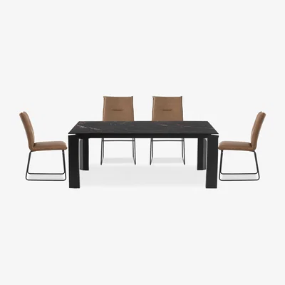 Furniture Village Connubia - Viola 220cm Extra Large Extending Dining Table with Calacatta Ceramic Top and Graphite Wooden Legs and 4 Maya Chairs - Tobacco