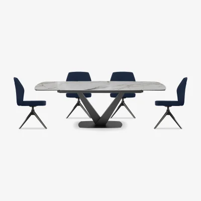 Furniture Village Julio Medium 160cm Draw Leaf Extending Dining Table in Fiorentio Marble Ceramic with 4 Chairs - Navy