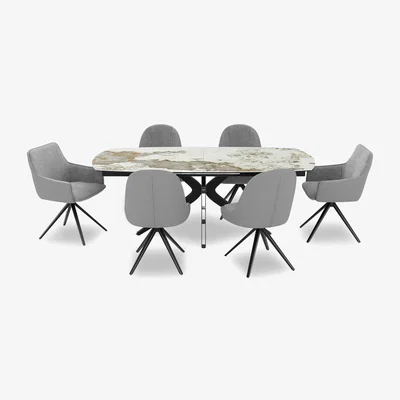 Furniture Village Jose Large Calcatta Marble Pop-up Extending Dining Table with 4 Stone Swivel Chairs and 2 Stone Swivel Dining Arm Chairs