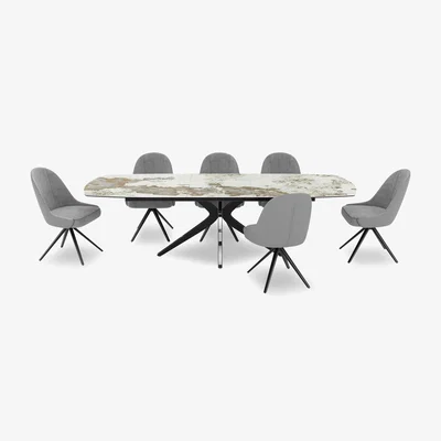 Furniture Village Jose Large Calcatta Marble Pop-up Extending Dining Table with 6 Swivel Chairs - Stone