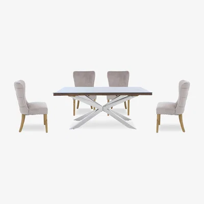 Furniture Village Kiara Small Rectangular Dining Table with Chrome Legs and 4 Luxe Fabric Chairs