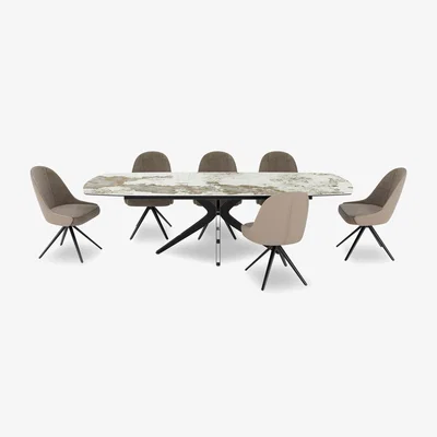 Furniture Village Jose Large Calcatta Marble Pop-up Extending Dining Table with 6 Swivel Chairs