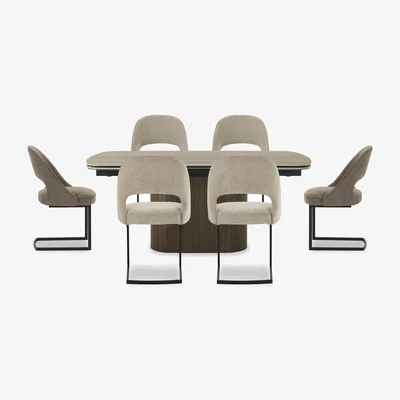 Furniture Village Tiber Large Draw Leaf Extending Dining Table with 4 Alabaster Cantilever Chairs and 2 Truffle Cantilever Chairs