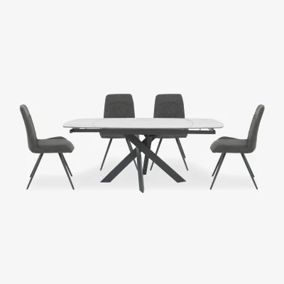 Furniture Village Warrior Crystal White Swivel Extending Dining Table with 4 Standard Chairs - White