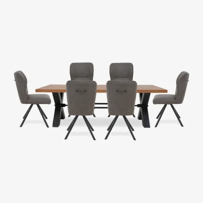 Furniture Village Bodahl - Terra Straight Edge Dining Table with Tension Bolt X-Leg and 6 Steel Fabric Swivel Chairs - 240-cm
