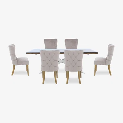 Furniture Village Kiara Large Rectangular Dining Table with Chrome Legs and 6 Luxe Fabric Chairs