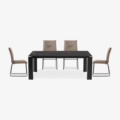 Furniture Village Connubia - Viola 220cm Extra Large Extending Dining Table with Calacatta Ceramic Top and Graphite Wooden Legs and 4 Maya Chairs - Desert