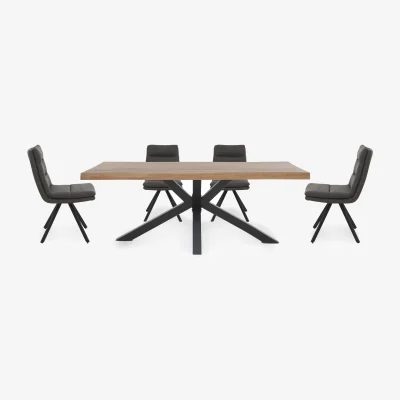 Furniture Village Bodahl - Njord 160cm Compact Raw Edge Dining Table with Metal Star Base and 4 Anthracite Fabric Swivel Chairs - Old Bassano